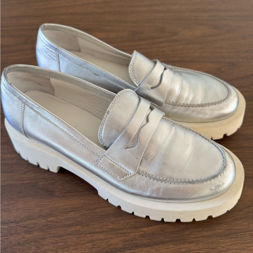 Lugged platform sole silver metallic loafers from Anthropologie